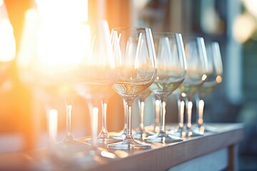 sunlight catching the hue of a full row of wine glasses at golden hour - obrazy, fototapety, plakaty
