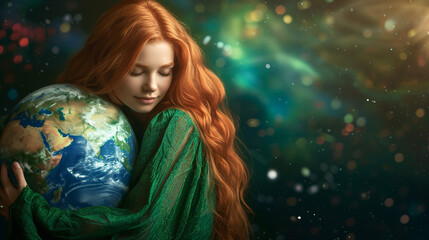 Naklejka premium Beautiful woman holding planet Earth. 