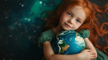 Little girl holding planet Earth. 