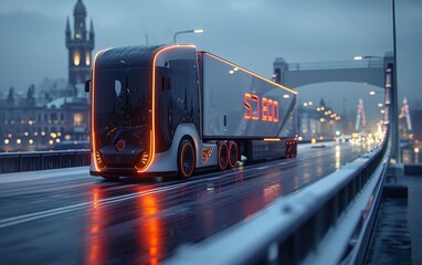 Autonomous electric shuttle bus self driving across city green road, Smart vehicle concept.