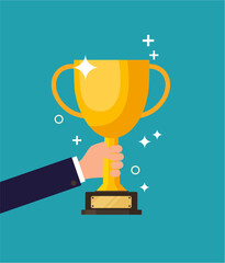 Winner holds Trophy Icon. The vector golden trophy is a symbol of victory in a sporting event. Champion Prize for first place. Concept of success and business goals. isolated background.