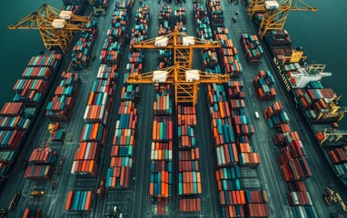 Logistics and transportation of Container Cargo ship and Cargo plane with working crane bridge in shipyard at sunrise, logistic import export and transport industry background.