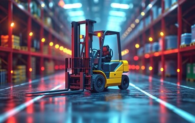 Big distribution warehouse with a forklift for loading goods. - obrazy, fototapety, plakaty
