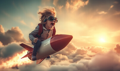 Creative child riding a rocket in the sky - obrazy, fototapety, plakaty