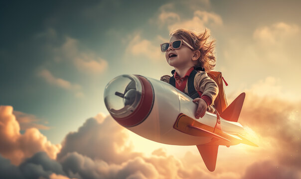 Happy Boy riding  space rocket in the sky - Powered by Adobe