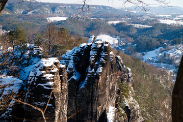 famous Bastei in saxony covered with snow. Saxon Switzerland. January 2024