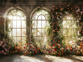 Fototapeta na wymiar Decorative Floral pattern interior for wedding, ceremony, arch window, windoe 