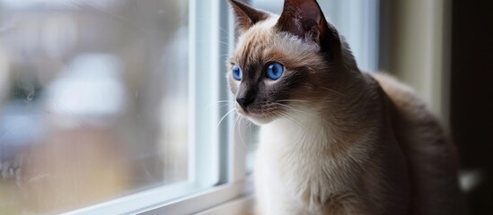 Standing gracefully on the windowsill, the flame point Siamese cat with blue eyes observed the world outside, its gaze filled with curiosity and elegance.