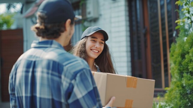 Happy smiling woman receives boxes parcel from courier in front house. Delivery man send deliver express. online shopping, paper containers, takeaway, postman, delivery service, packages..