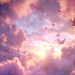 3d pink cloud with lollipop,  strawberries, butterflies, candy, fantasy, dreamland, surreal	