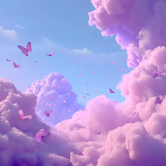 3d pink cloud with lollipop,  strawberries, butterflies, candy, fantasy, dreamland, surreal	