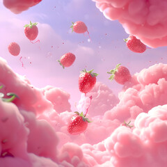 3d pink cloud with lollipop,  strawberries, butterflies, candy, fantasy, dreamland, surreal	