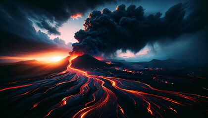 erupting volcano with lava streams - obrazy, fototapety, plakaty