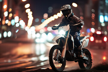 motocross rider biker driving on a motorcycle with high speed in motion. blurry lights city street road background. motorcyclist with helmet and equipment. - obrazy, fototapety, plakaty