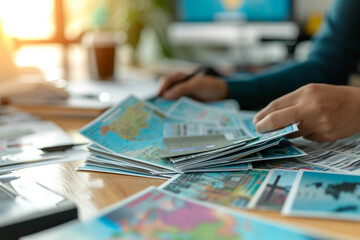 travel agent presenting a variety of travel tickets, with an organized desk and a professional blurry background, promoting travel services in a commercial setting - obrazy, fototapety, plakaty