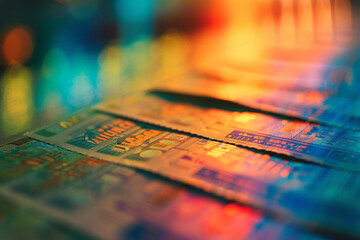Naklejka premium abstract patterns of various travel tickets laid out on a table, with a visually striking blurry background, creating an aesthetically pleasing commercial composition