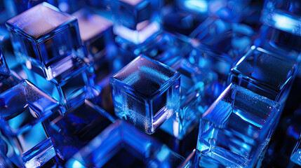 3d abstract blue cubes on black background, blue and blue glass cubes, blue cubic shaped squares on a black background