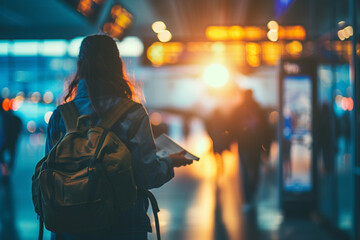 traveler confidently boarding a plane with a travel ticket in hand, with a bustling airport terminal and a dynamic blurry background, symbolizing the seamless boarding process in c - obrazy, fototapety, plakaty