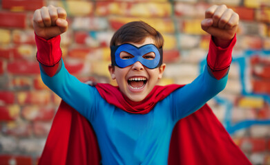 A little superhero in a red cape with a star. A happy smiling child with glasses, ready to learn. Success, the concept of motivation. Back to school. Little businessman isolated on colored background,