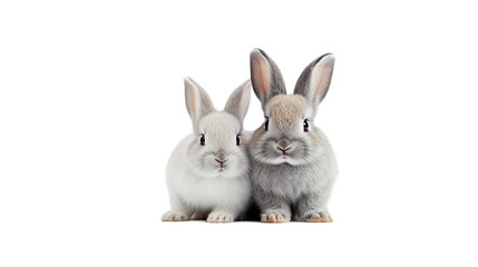 Obraz premium Two rabbits with white and gray fur. Cute animals on transparent and white background. Created by AI.