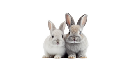 Two rabbits with white and gray fur. Cute animals on transparent and white background. Created by AI.