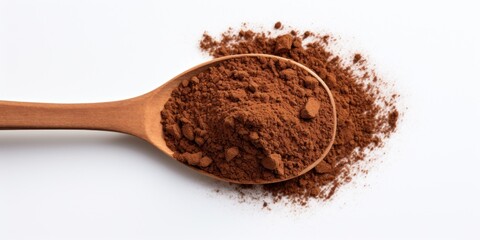 Ground Coffee In Wooden Spoon On White Background. Pile Of Instant Cocoa Drink. Top View Of Coffee Powder Heap
