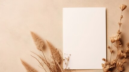 Blank greeting or invitation card mockup with botanical decor on beige background . Generative Ai