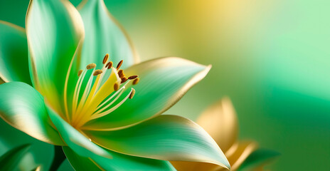 Fantasy green and gold flower. Copy place. Closeup flower. Blur background. Banner design. 