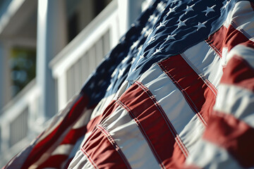 American flag prominently displayed in front of a home, building, or in a public space
