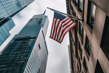 American flags hanging from skyscrapers represent unity in diversity. - obrazy, fototapety, plakaty