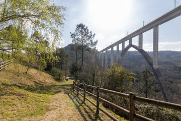 A Ponte Ulla, Spain. The viaduct of San Xoan da Cova, a stone and iron rail bridge over the river Ulla. Tallest train bridge in Spain