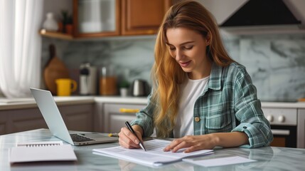 Smiling young woman calculating taxes at table in kitchen, paying household bills taxes or insurance, managing budget, calculating expenses, generative ai