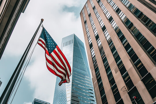 American flags hanging from skyscrapers represent unity in diversity.
