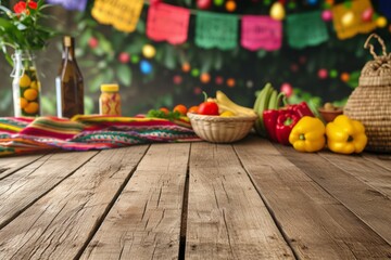 Mexican colors, traditional wooden table With assorted Fresh Fruit and Vegetables preparative for cinco de mayo. 