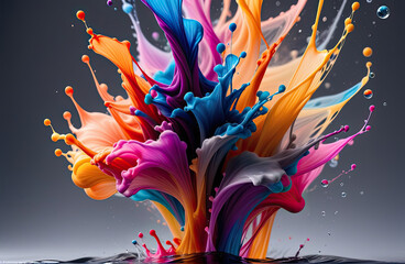 ink splashes and colorful bubbles, on a gray background