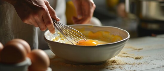 The camera zooms in to capture the closeup of a hand skillfully beating an egg in a bowl, using an egg beater, on a pristine white plank table. - obrazy, fototapety, plakaty