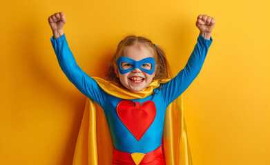 Fototapeta premium A little superhero in a yellow cape with a star. A happy smiling child with glasses, ready to learn. Success, the concept of motivation. Back to school. Little businessman isolated on colored backgrou