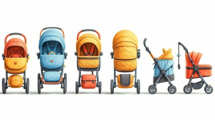 Modern set collection of baby strollers.