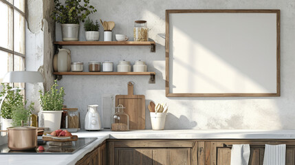 Frame mockup in farmhouse kitchen interior background. Generative Ai - obrazy, fototapety, plakaty