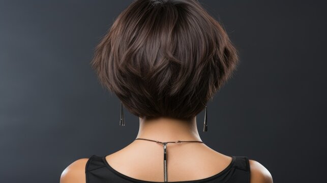 Rear view of a woman showcasing a trendy brunette bob haircut on a dark background