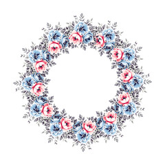 Watercolor blue floral circle FRAME PNG with transparent background