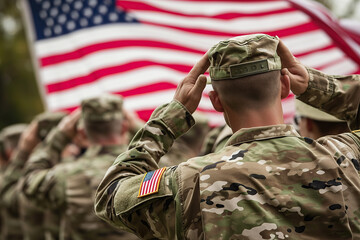 Veterans or service members saluting the American flag during a Memorial Day ceremony or parade, honoring their service and sacrifice