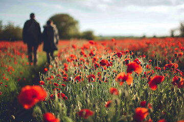Veterans walking through a field of red poppies, symbolizing their connection to fallen comrades and the legacy of service.