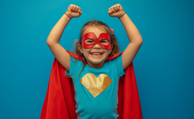 A little superhero in a red cape with a star. A happy smiling child with glasses, ready to learn. Success, the concept of motivation. Back to school. Little businessman isolated on colored background,