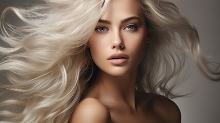 Close-up of a stunning blonde woman with voluminous, flowing hair