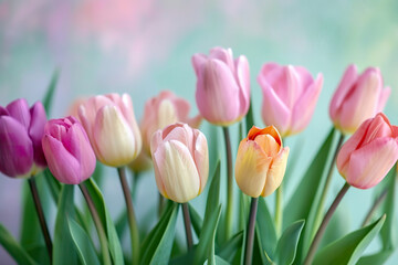 Fototapeta premium close up of bouquet of white tulips as gift for easter, anniversary, birthday, mothers day In pastel spring colours with neutral background isolated in magazine editorial postcard style copy space
