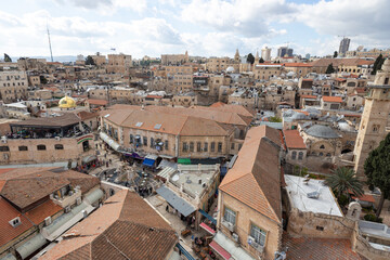 Naklejka premium bird’s eye view panorama of the of Jerusalem, old city fountain