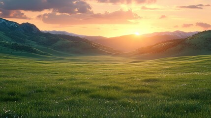 The sun dips below the horizon, casting a soft light on the rolling green hills, punctuated by wildflowers and trees. - obrazy, fototapety, plakaty
