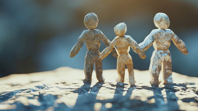 Three stone figurines symbolizing family unity and support, standing hand-in-hand on a rocky surface with a blurred background.