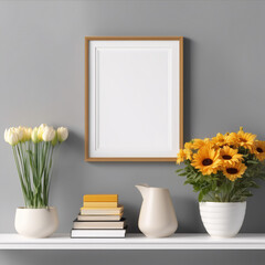 Blank frame mockup with flower and books on shelf 